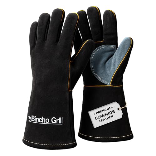 The Bincho Grill Fire Heat Resistant Gloves – 14 Inch 932°F Fireproof Leather Fireplace & BBQ Gloves for Grill, Oven, Wood Stove, Campfire, Welding (MIG/TIG) - Heavy-Duty