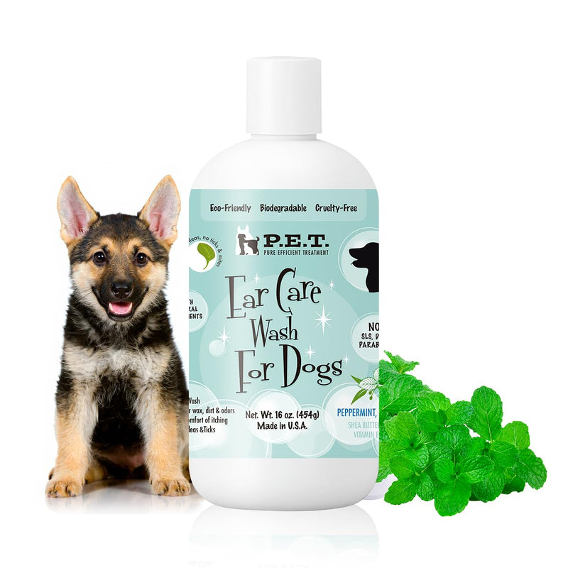 P.E.T. Ear Care Wash for Dogs & Cats — 0% Alcohol & Fragrance-Free Formula — Loosens Wax, Removes Debris, Neutralizes Odor & Soothes with Aloe & Oat — No-Rinse, Vet-Style Application — 16 oz