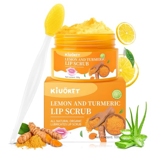 Lemon Turmeric Lip Scrub with Brush Set - lip Scrubber Exfoliator for Dark, Dry, Chapped LiPs, Reduce Fine Lines - Hydrating Moisturizing Lip Care for Instantly Smooth, Soft Lips 2.5 Ounce (Pack of 2)