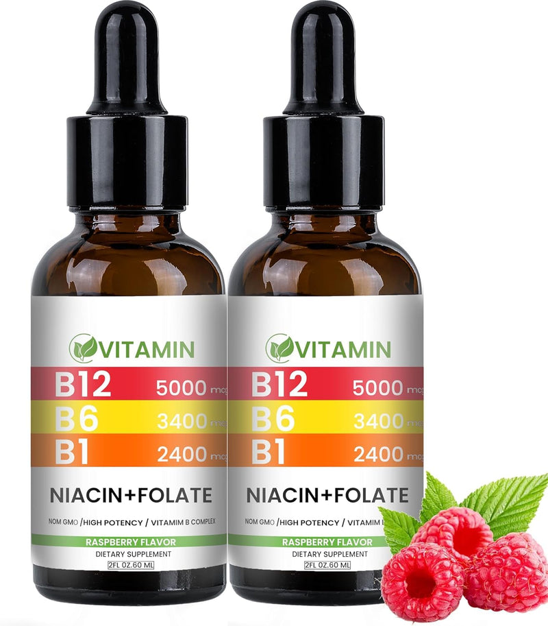Vitamin B12 and B6 Liquid Drops, Raspberry | B12 Vitamin 5000mcg - B12 Methylcobalamin for Energy, Brain, and Heart Support with, 80 Servings