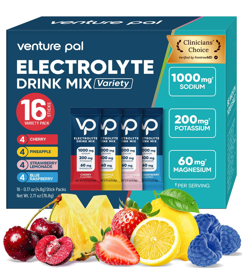 Venture Pal High Sodium Sugar Free Electrolytes Powder Packets, 16 Count | Hydration Packets with Sodium, Magnesium & Potassium, Vitamins, Zero Calories, Vegan, Keto & Paleo Friendly 0.17 Ounce (Pack of 16) V1-Variety Salt