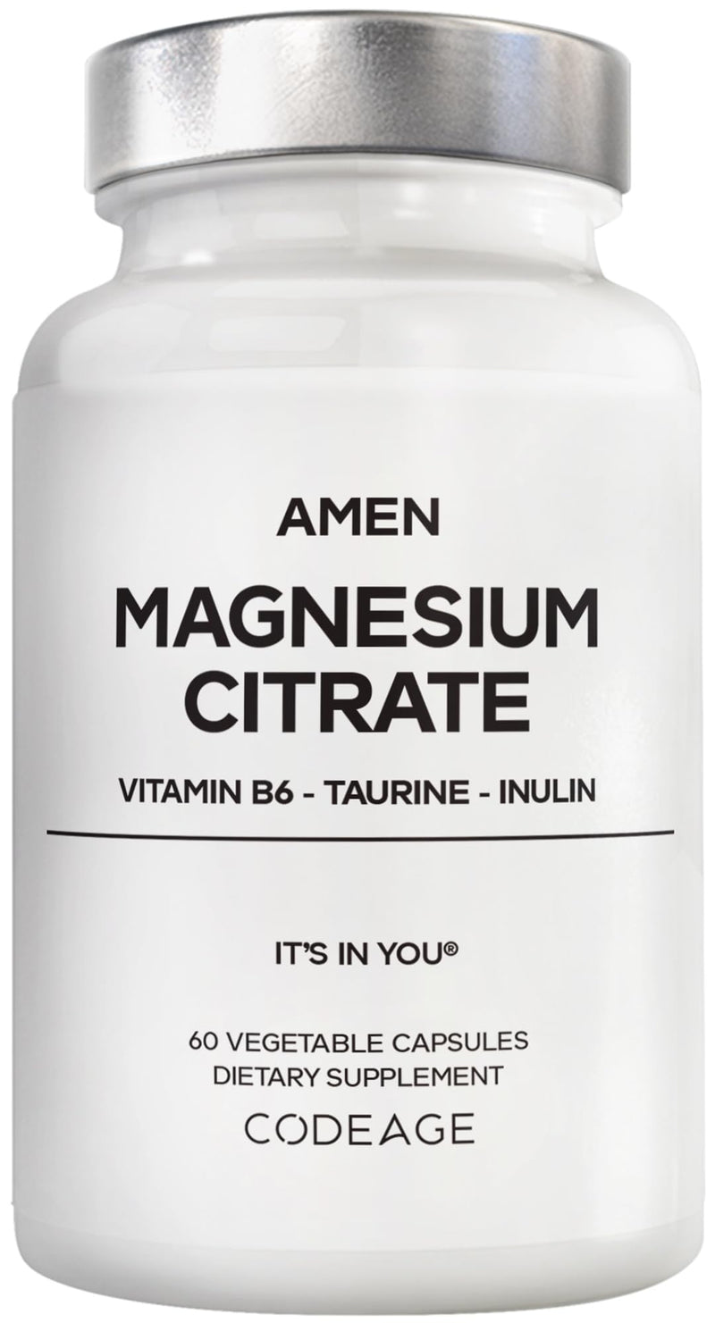 Codeage Magnesium Citrate, Vitamin B6 P5P, Taurine, BioPerine, 60 Capsules | Magnesium citrate with vitamin B6 P5P, taurine, inulin prebiotic, BioPerine black pepper. Gluten-free, non-GMO.
