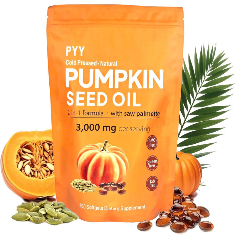 PYY Cold-Pressed Pumpkin Seed Oil & Saw Palmetto Softgels | 300 Count | Rich in Essential Fatty Acids & Phytosterols | Promotes Healthy Hair, Urinary Function, Bladder & Prostate Support 1 Count (Pack of 300)