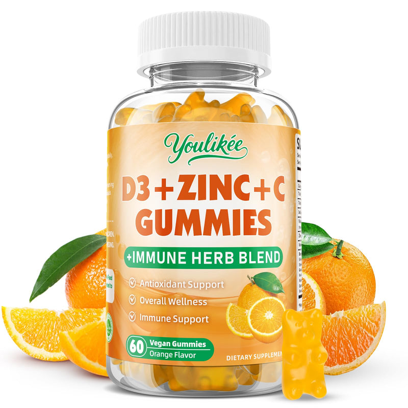 Vitamin C + D3 5000IU + Zinc Gummies for Adults, Orange Flavor, 60 Count | Immune Support supplement with Elderberry, Echinacea & Mullein Leaf - Antioxidant Support, Sugar Free 60 Count (Pack of 1)