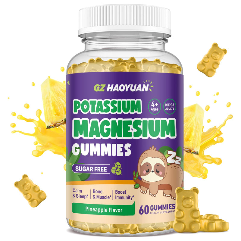 Kids Magnesium Gummies - Magnesium Glycinate Gummies with Vitamin D3, B6, Potassium & Ashwagandha for Kids & Adults Relaxation, Sleep, Brain & Bone Health -Sugar Free Pineapple Flavor 60 ct 60 Count (Pack of 1)