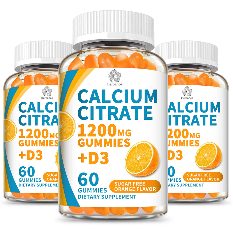 (3 Pack) Calcium Citrate 1200 mg Gummies with Vitamin D3, High Absorption Calcium Supplements for Women & Men, Sugar Free, Non-GMO, Gluten Free, Supports Muscle & Immune - Orange Flavor 60 Count (Pack of 3)