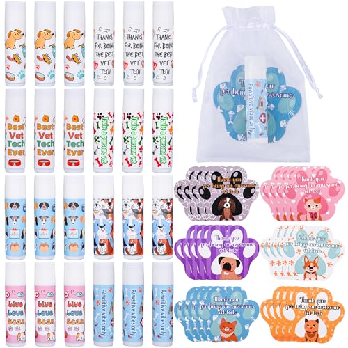 24 Pcs Vet Tech Gift Veterinary Appreciation Gifts Include Lip Balm Thank You Tag Organza Bag Veterinarian Week Gift for Veterinary Technologist Nurse Suitable Birthday Christmas Thanksgiving Gifts 24