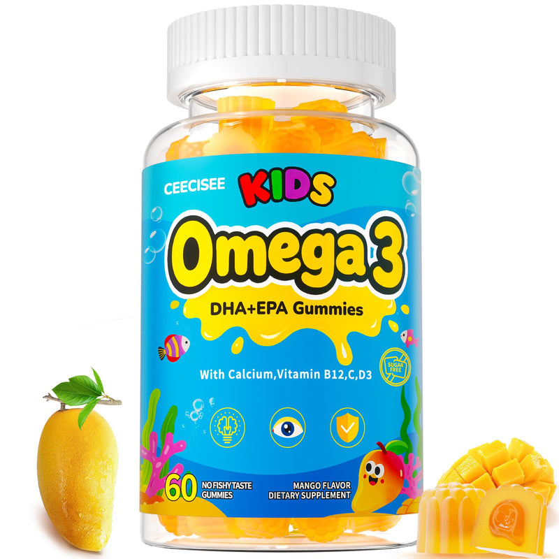 Organic Kid’s Omega-3 Gummies: Chewable Fish Oil Alternative Vegan Omega 3 Fatty Acid Supplement with DHA EPA Vitamin D3 B12 Calcium Magnesium - Focus Immune Health Support for Kids(60count) Mango 60 Count (Pack of 1)