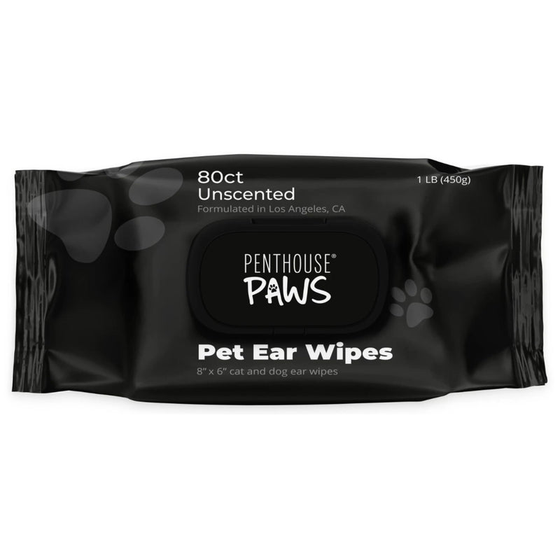 PENTHOUSE PAWS Pet Ear Wipes for Dogs & Cats, Unscented Ear Cleaning Wipes with Aloe Vera & Witch Hazel, Alcohol-Free Extra Large 8”x6” Wipes for Removing Wax, Dirt & Odor, 80 Count