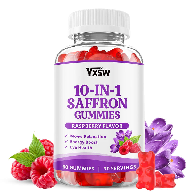 Saffron Gummies, Saffron Supplements for Kids & Adults with Ashwagandha, L-Theanine, Lemon Balm, Vitamin D3, B6, Magnesium & Zinc - Support Focus, Relaxation, Raspberry Flavor, 60 Count 60 Count (Pack of 1)