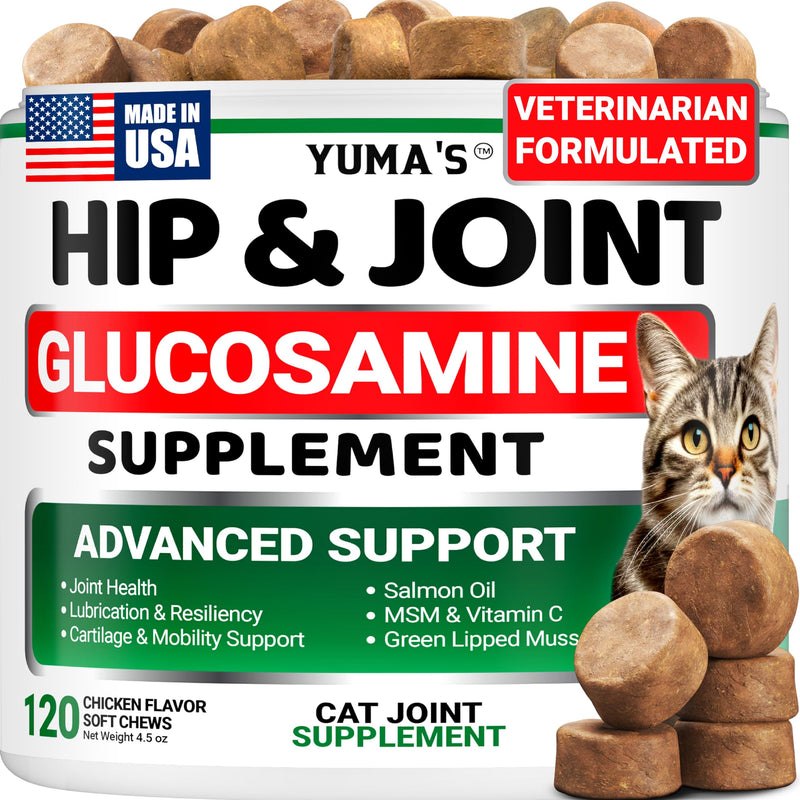 YUMA'S Cat Hip and Joint Health Supplement Chews – Advanced Glucosamine for Cats – MSM, Chondroitin & Omega-3 Salmon Oil – Supports Mobility, Joint Pain Relief, Cat Vitamins for Indoor & Outdoor Cats 120 Chews Cat Hip & Joint