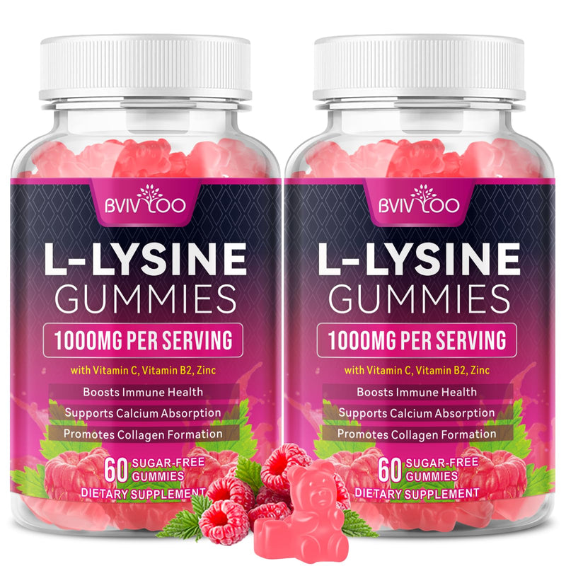 L-Lysine 1000mg Gummies for Immune Support & Skin Health - High Potency Vegan, Sugar-Free, Gluten-Free Supplement with Natural Raspberry Flavor for Adults & Kids - 120 Gummies 2pack