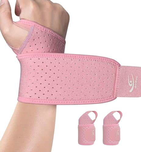 HiRui Wrist Wraps 2-Pack, Adjustable Breathable Wrist Support Brace for Men & Women – Pain Relief for Carpal Tunnel Syndrome, Tendonitis, Arthritis, Sports, Workouts – Fits Left & Right Hand (Pink) Pink