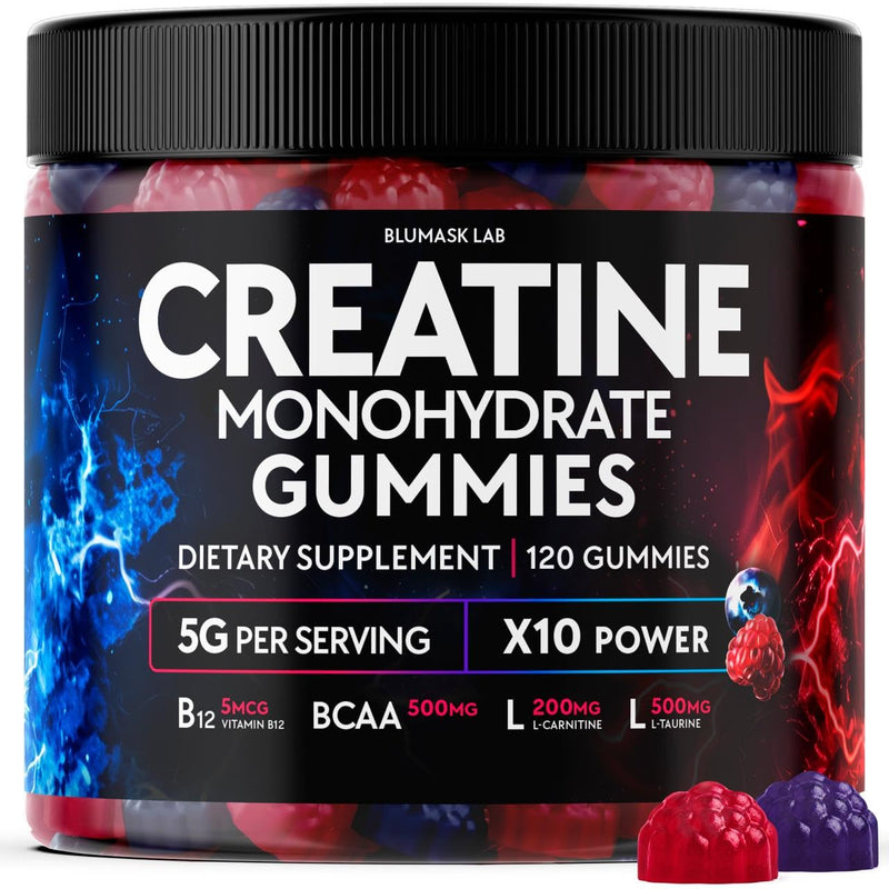 Creatine Monohydrate Gummies Complex 5000 MG for Men & Women with BCAA, L-Carnitine, Taurine & Vitamin B12, Strength & Energy Support, Flavored and Chewable
