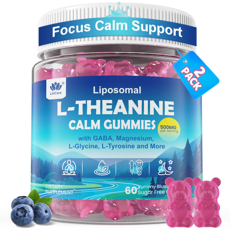 L Theanine Calm Gummies 500mg + Saffron + Magnesium Glycinate + GABA,120Cts | Sugar-Free Liposomal L-Theanine Supplement, w/Ashwagandha, Algae Omega-3, Vitamin D3 B12, for Brain Calm, Relax, Mood, Zzz 60 Count (Pack of 2)