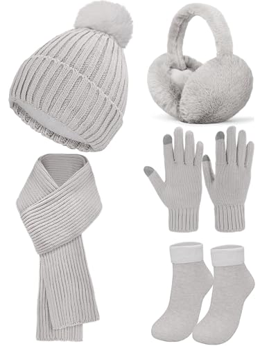 5 Pcs Womens Hat Scarf Gloves Set Winter Beanies Ear Muffs Touch Screen Gloves Knit Fuzzy Fleece Skull Cap Gifts Grey