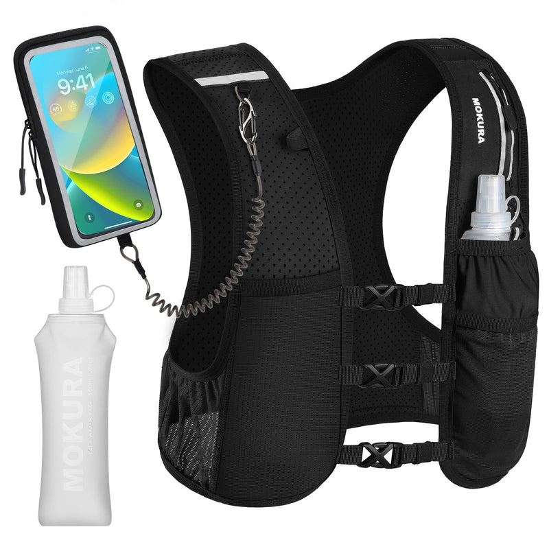 MOKURA Running Vest for Women Men, Reflective Hydration Vest with 500ML Soft Flask and Phone Holder, Adjustable Running Backpack, Lightweight Run Pack Water Bottle, Runner Marathon Essentials Medium