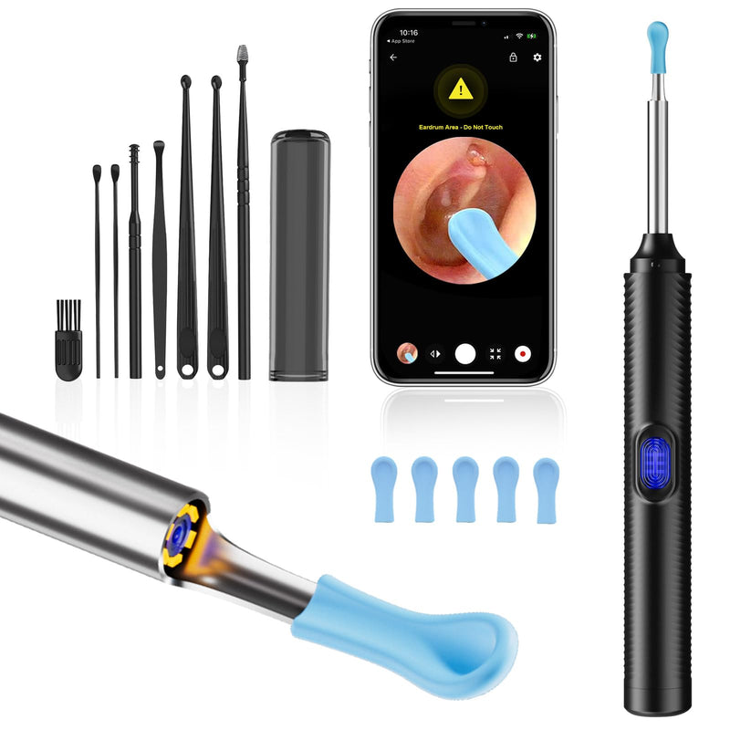 AI Eardrum Alert, AI Ear Wax Removal Kit, 1080P HD Camera with 6-Axis Gyroscope, Waterproof Lens, 230mAh Battery, Earwax Removal Tool with 8 Pcs Ear Set, Otoscope Camera for iOS & Android (Black) - BeesActive Australia