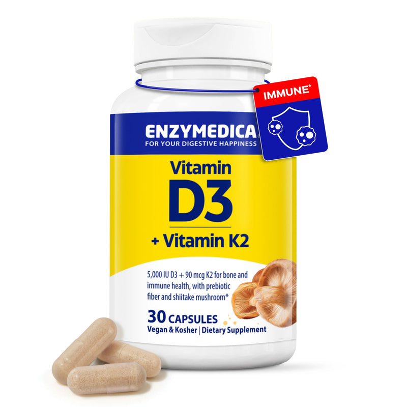 Enzymedica Vitamin D3 and K2 Supplement Caps for Men & Women - 30 Capsules | Vit D3 5000 IU & Vit K2 MK-7 90 mcg, Immune & Bone Health Support, Features Shitake Mushrooms & Prebiotic Fiber, Vegan 30 Count (Pack of 1)