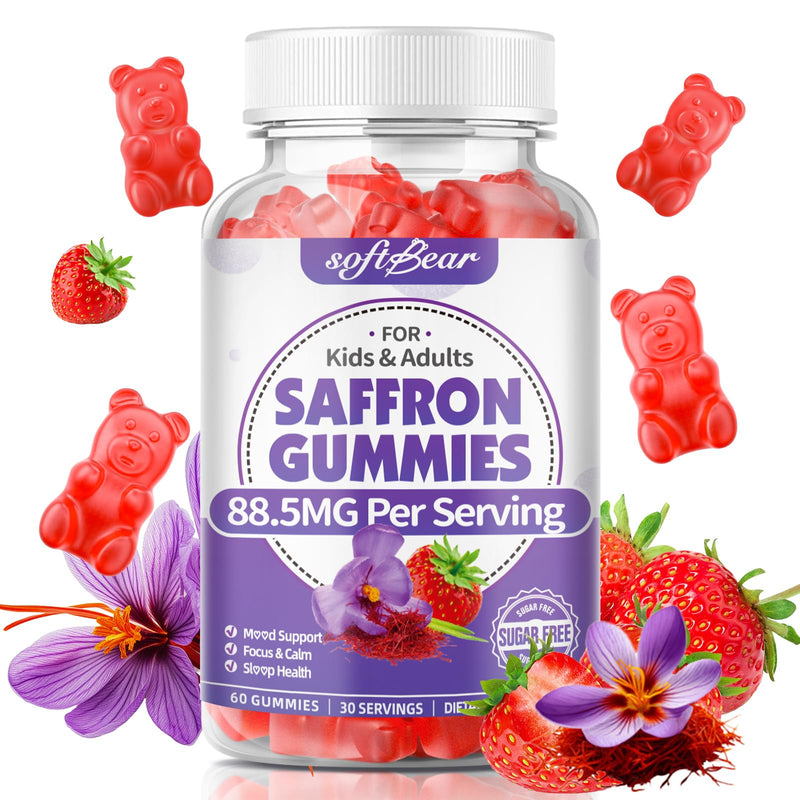 softbear Saffron Gummies for Kids & Adults, 10-in-1 Organic Saffron Supplements with 88.5mg Saffron Extract Support Calm Mind & Focus & Zzz, Sugar Free/Non-GMO, Strawberry Flavor 60 Count 60 Count (Pack of 1)