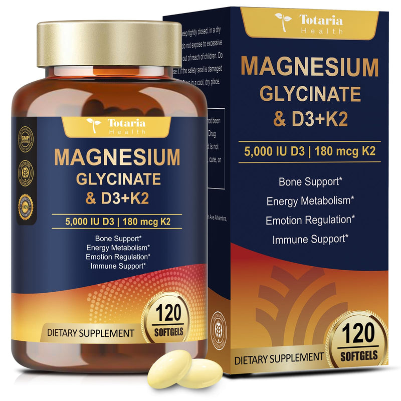 9-in-1 Magnesium Glycinate 500mg + Vitamin D3 5000 IU & K2 Complex - High Absorption - Healthy Stress, Sleep, Muscle Function, Bone Health & Energy Supports | Non-GMO, Gluten-Free 120 Softgels 120 Count (Pack of 1)