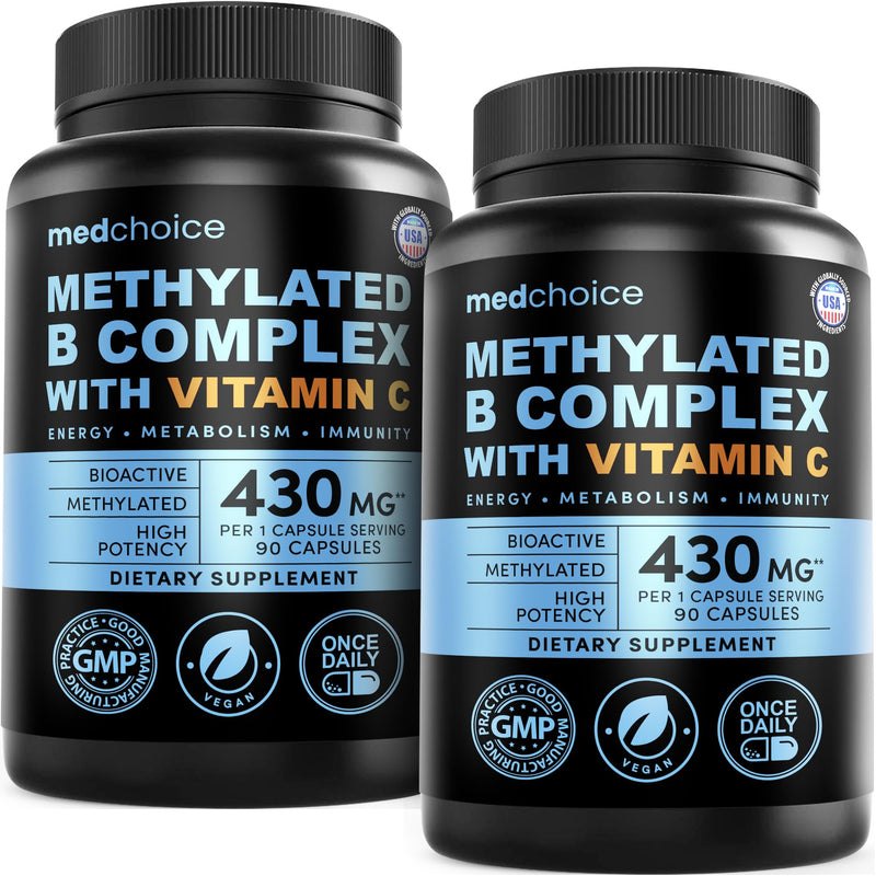 9-in-1 Vitamin B Complex - Methylated Multivitamin with B12 Methylcobalamin, Methylfolate, L-5-MTHF & Vitamin C - Methylated B Complex for Women & Men - Non-GMO, Gluten-Free, & Vegan (180 Servings) 90 Count (Pack of 2)