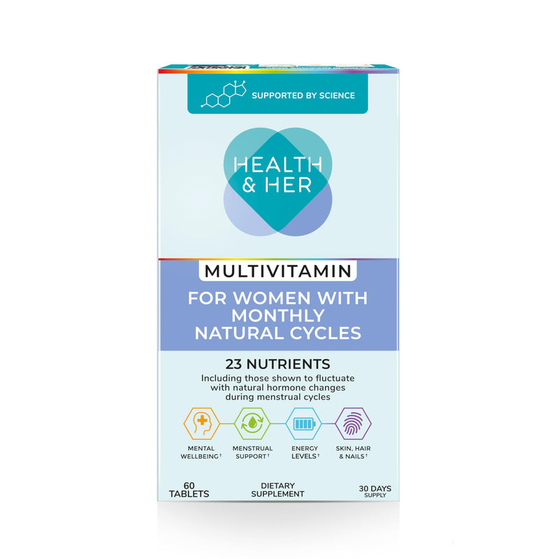 Health & Her Natural Cycles, Women's Multivitamin, Vegan, 30 Day Supply | Daily dietary supplement with iron, magnesium & calcium for support during menstural cycles; Vegan, gluten free; 60 Tablets