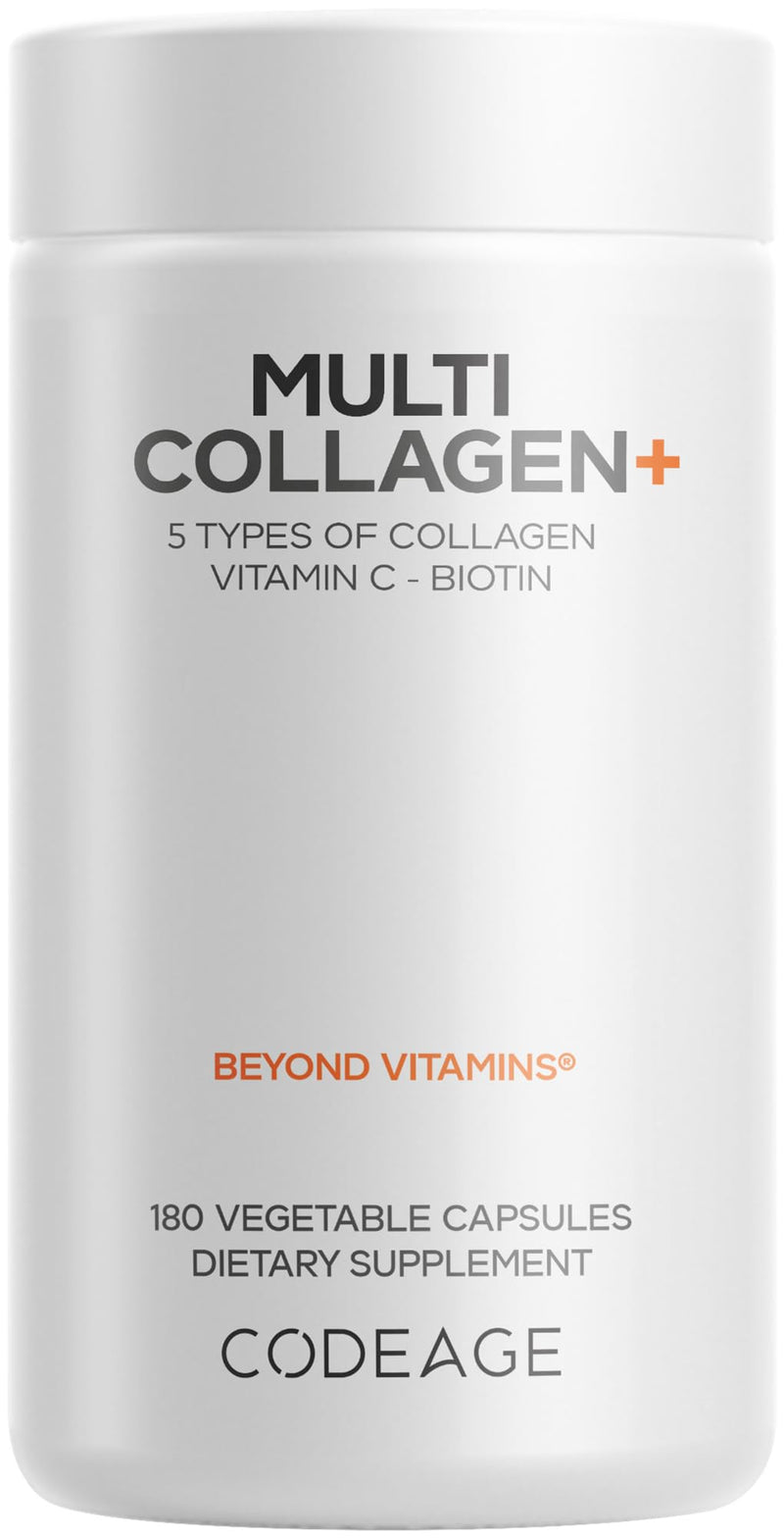 Codeage Multi Collagen+ Supplement, with Vitamin C, Biotin, 180 Capsules | Five collagen types, grass-fed. Biotin 5,000mcg, vitamin C, hyaluronic acid, amla berry, BioPerine. Non-GMO.