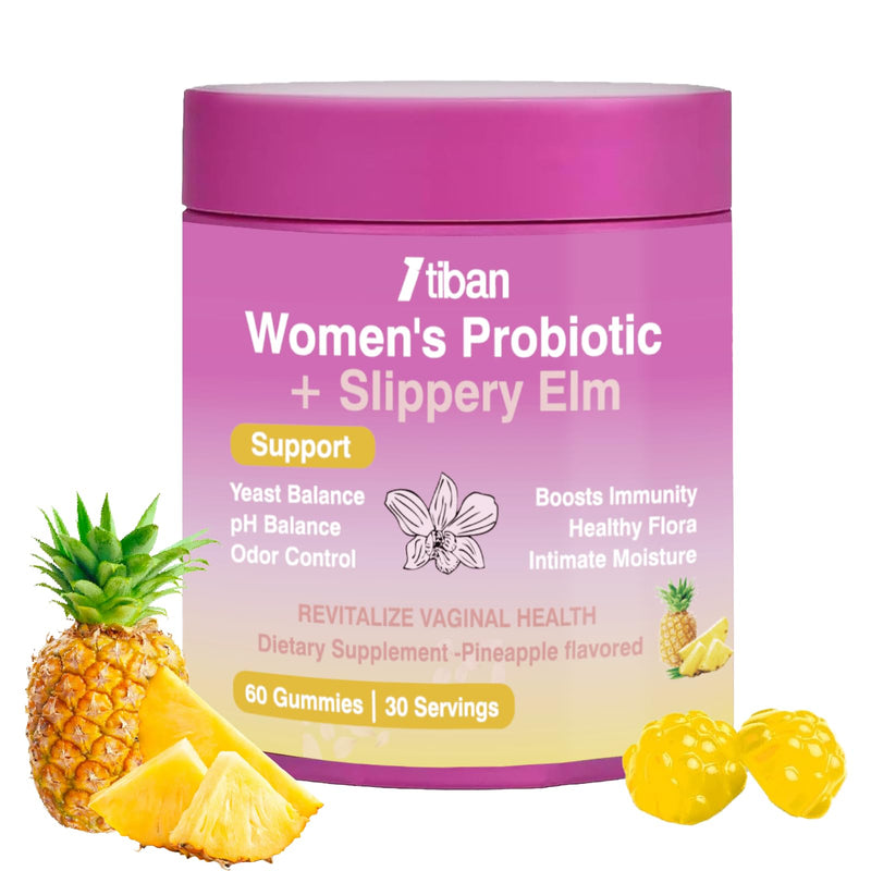 Feminine Vaginal Probiotics Gummies, Supports pH Balance & Digestive Health, Slippery Elm for Women, Suagr-Free, Veagn, Pineapple Flavor, 60 Count Pink-60count