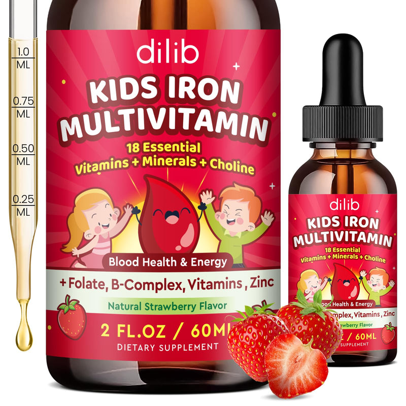 Liquid Iron Supplement for Kids, Kids Multivitamin with Iron Drops with Zinc, Vitamin B Complex, Folate - Support Blood Builder & Energy, Iron Deficiency for Women, Men, Vegan Strawberry 2 Fl Oz 2 Fl Oz (Pack of 1)
