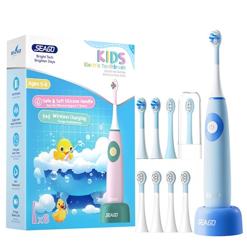 SEAGO Kids Electric Toothbrush, Ages 5-8, 2 Soft Brush Heads, Rechargeable Blue