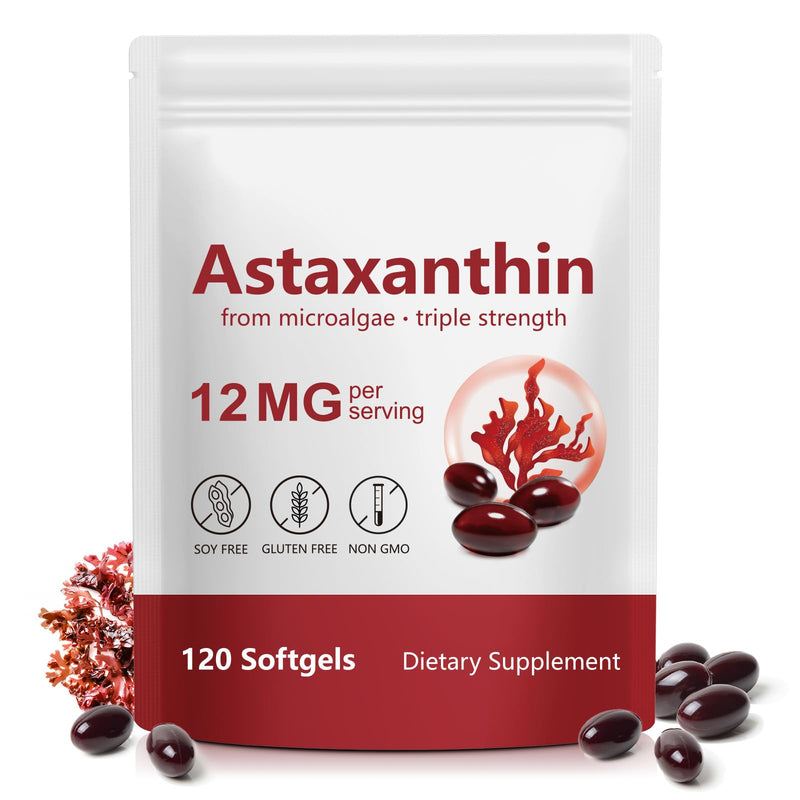 Astaxanthin 12mg Premium Astaxanthin Antioxidant Supplements Triple Strength Skin Vitamins for Women with Antioxidant Activity Supports Eye, Joint, Internal Circulation, Skin Health (120PCS) 120 Count (Pack of 1)