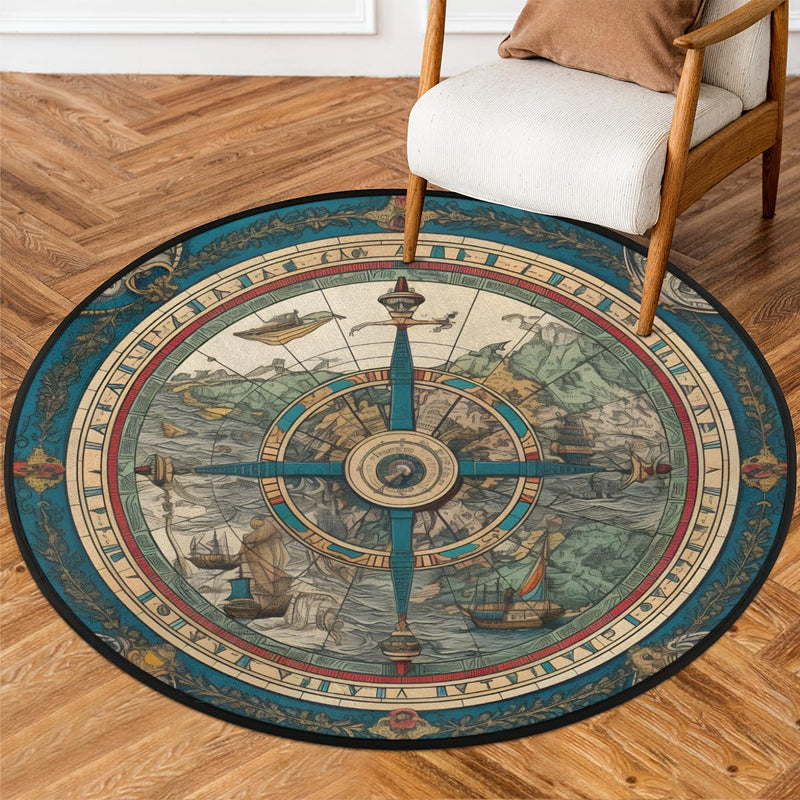 Round Area Rug 3 ft - Vintage Compass Washable Circle Rugs Non Slip Round Floor Mat - Soft Large Carpet for Living Room Nursery Bedroom Kitchen 3' (Round) - BeesActive Australia