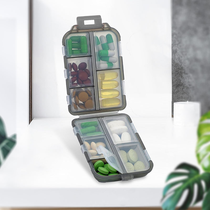 Travel Pill Storage Box Foldable 10 Compartment for Vitamin Tablet | Small Medicine Box for Pocket Wallet,Daily Pill Organizer,Portable Medication and Vitamin Holder Container Grey