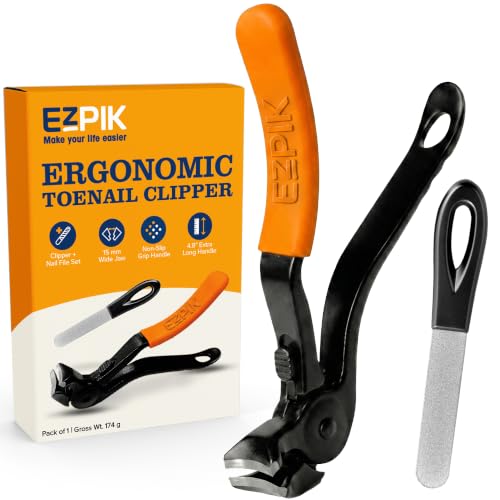 EZPIK Thick Toe Nail Clippers for Seniors with Nail File Set, Ergonomic Nail Cutter with 4.8” Long Handle, Angled Head & Stainless Steel Blades, Comfortable Toenail Clippers for Weak & Arthritic Hands