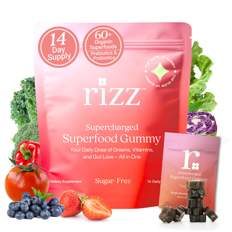 RIZZ Sugar-Free Green Gummies - 60+ Superfoods 6g Fiber - 30 Day Supply Prebiotic and Probiotic Gummies - Vegan Multivitamins for Women & Men - Gluten Free - Mushroom, Fruit and Vegetable Supplements