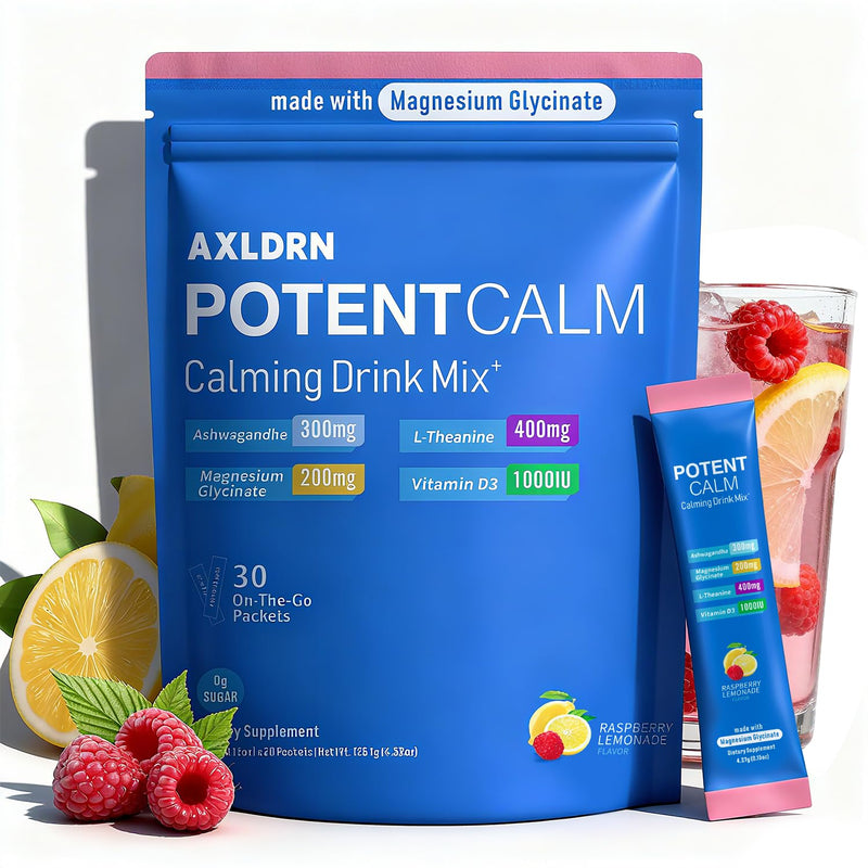 PotentCalm Super Cortisol Drink, Magnesium Glycinate Powder, L-theanine, Ashwagandha, Vitamin D, No Sugar, Raspberry Lemonade Electrolytes Powder - 30 Servings