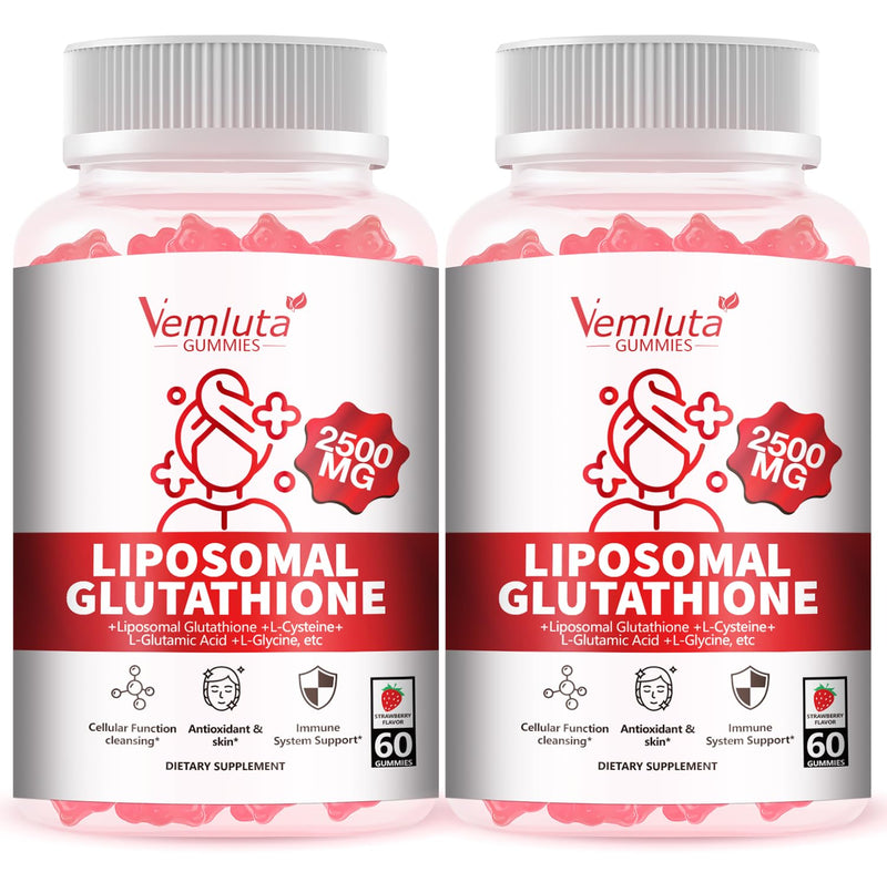 2 Packs 2500MG Liposomal Glutathione Gummies, 2X Absorption Liposomal Glutathione for Women-Complex L-Cysteine, Antioxidant, Skin & Liver Support, Strawberry Flavor, 120 Count 60 Count (Pack of 2)