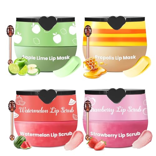 4 PCS Lip Scrub and Mask Set, Apple Bee Honey Pot Lip Balm