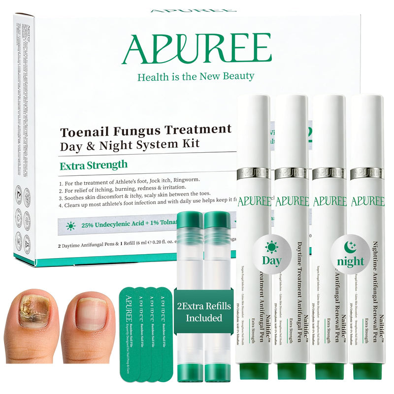 Apuree Antifungal Pen Extra Strength: 25% Undecylenic Acid 1% Tolnaftate | 6Pcs Day & Night Care Nail Fungus Pen | FSA-HSA | Fungal Nail Treatment Repair For Damaged Yellow Discolored Thick Nails Clear