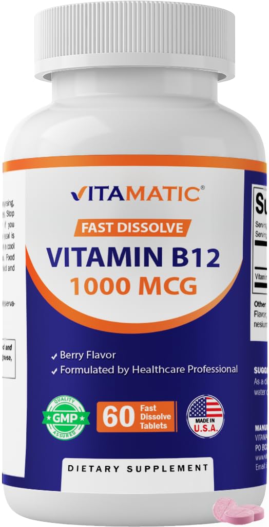 Vitamatic Vitamin B12 1000 mcg Fast Dissolve – 60 Tablets – Natural Berry Flavor – Supports Energy Metabolism & Nervous System Health 60 Count (Pack of 1)