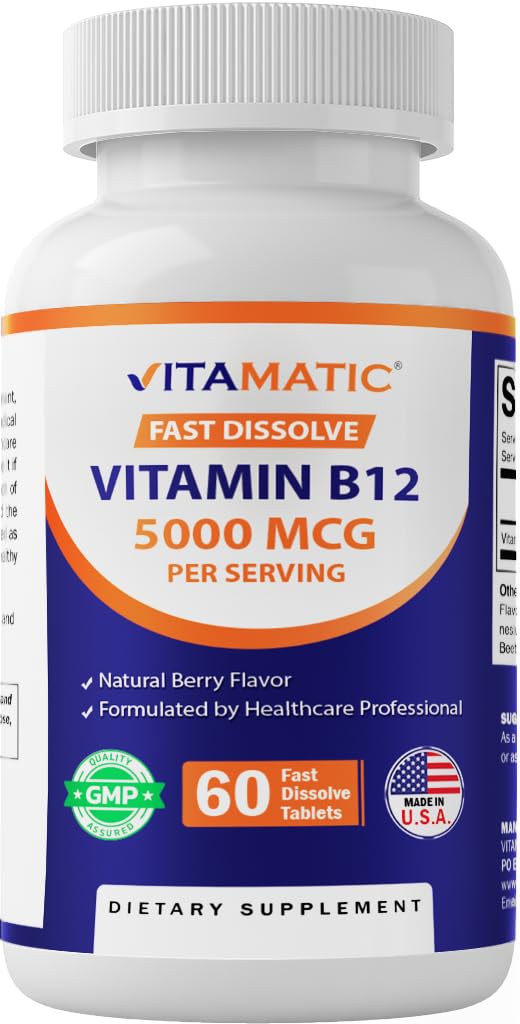Vitamatic Vitamin B12 5000 mcg – 60 Fast Dissolve Tablets Berry Flavor – Supports Energy Production & Nervous System Health – Non-GMO, Gluten-Free 60 Count (Pack of 1)