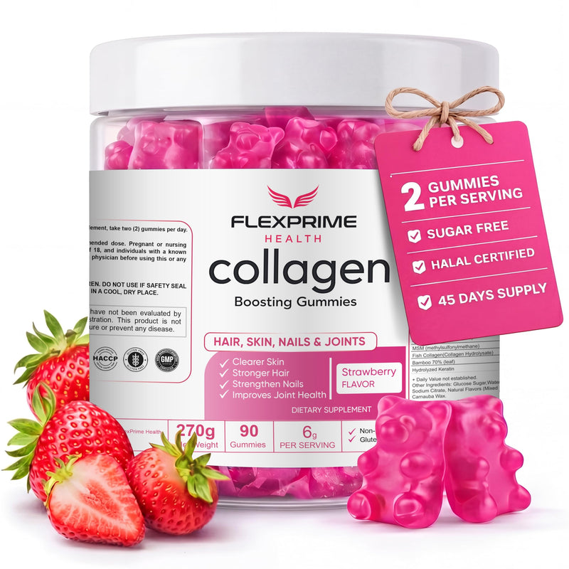 Collagen Gummies for Women & Men with Biotin, Hyaluronic Acid & Vitamin C - Hair, Skin & Nails Support | Sugar Free, Halal, Non-GMO Strawberry Chews | 90 Count Collagen Strawberry