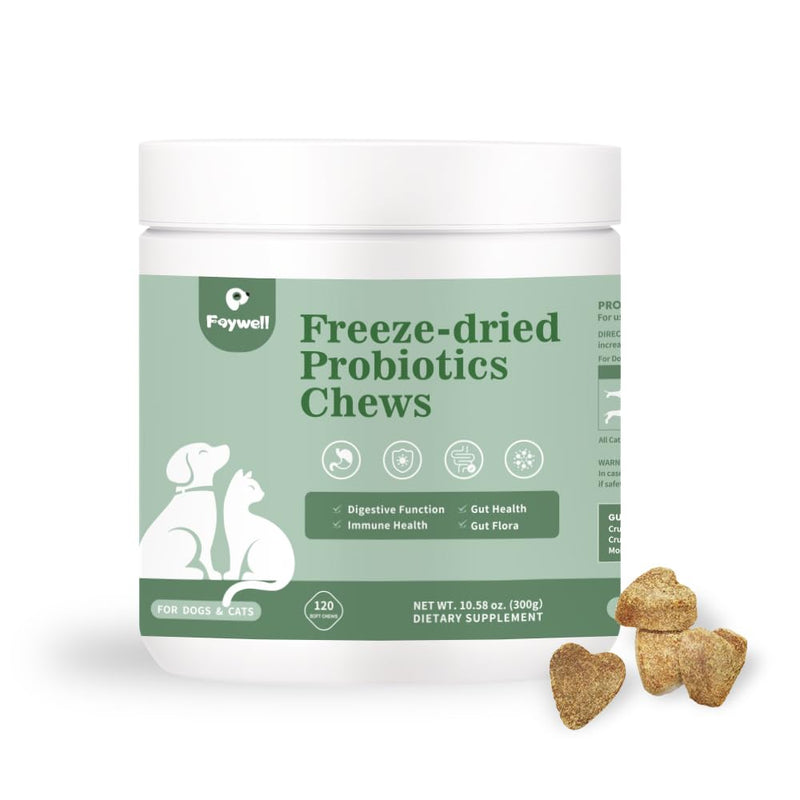 Freeze-Dried Probiotics Chews Supplement for Dogs & Cats, 5-in-1 Probiotic Blend for Digestive and Gut Health, 120ct/300g