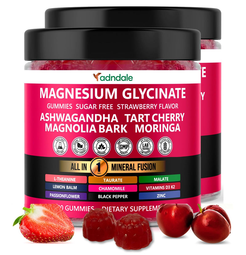 Adndale Magnesium Glycinate 400 mg Gummies with Ashwagandha, Magnesium Malate & Taurate, Tart Cherry, Magnolia Bark, Lemon Balm, Passionflower, Chamomile, L-Theanine, Zinc, Vitamin K2 & D3. 180CT Strawberry 90 Count (Pack of 2)