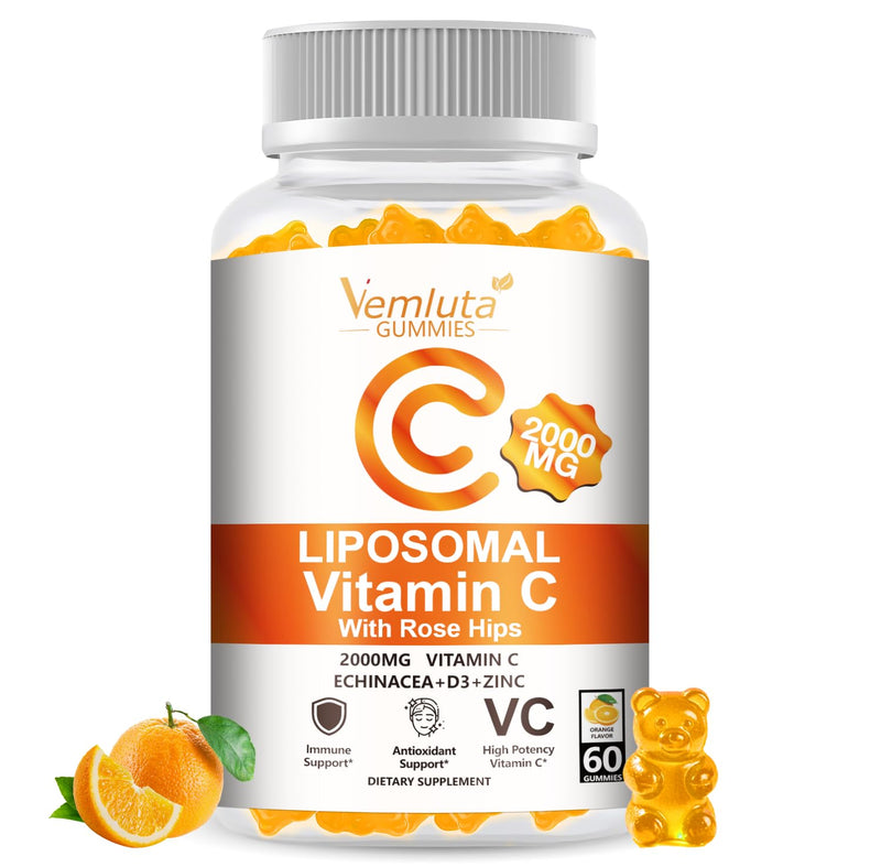1 Pack Liposomal Vitamin C 2000mg Gummies Complex Rose Hips with D3 5000IU,Elderberry Echinacea,Iron & Zinc for Adults Kids Immune,Antioxidant & Collagen Support,Orange Flavor, 60Count Orange 60 Count (Pack of 1)