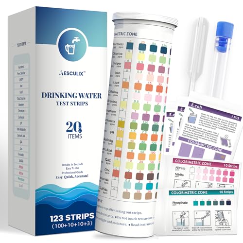 20 in 1 Water Tester for Drinking Water, Well Water Testing Kit, Suitable for Household Tap Water, Natural Water Quality Testing, Can Detect Water Hardness, Chlorine, Lead, Ph, Etc. (123 Test Strips) 20 in 1