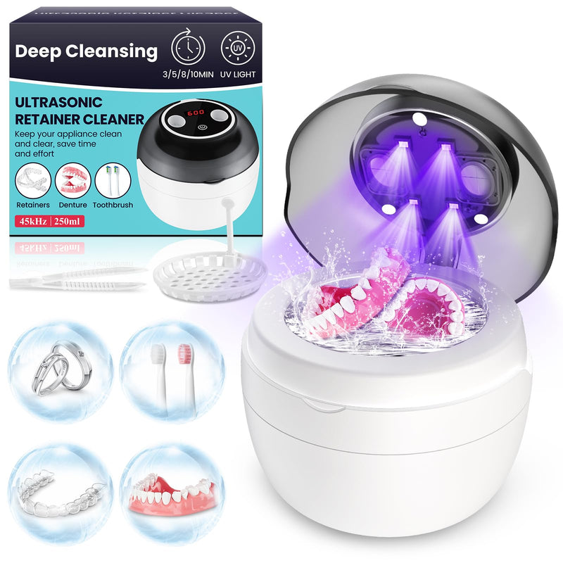 Ultrasonic Retainer Cleaner Machine, Denture Cleaner for Mouth Guard, Night Guard, Aligner, Dentures, Jewelry, Toothbrush Heads, 45kHz 250ML UV Ultrasonic Denture Ultra Sonic Cleaning for Retainers Off White