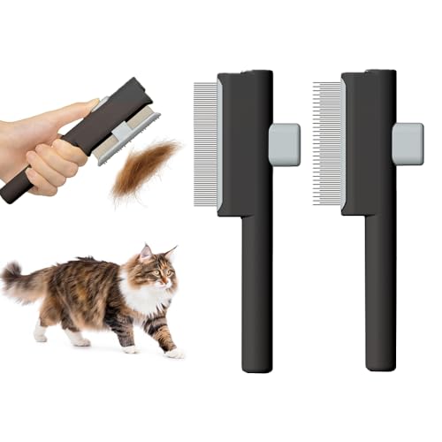 Marchul 2Pcs Pet Comb Flea Comb Set for Cats Dogs, Cat Grooming Brush with Release Button and Stainless Steel Round Teeth, Self-Cleaning Dog Combs for Removing Pet Hair, Knots & Loose Fur, Black Black Set
