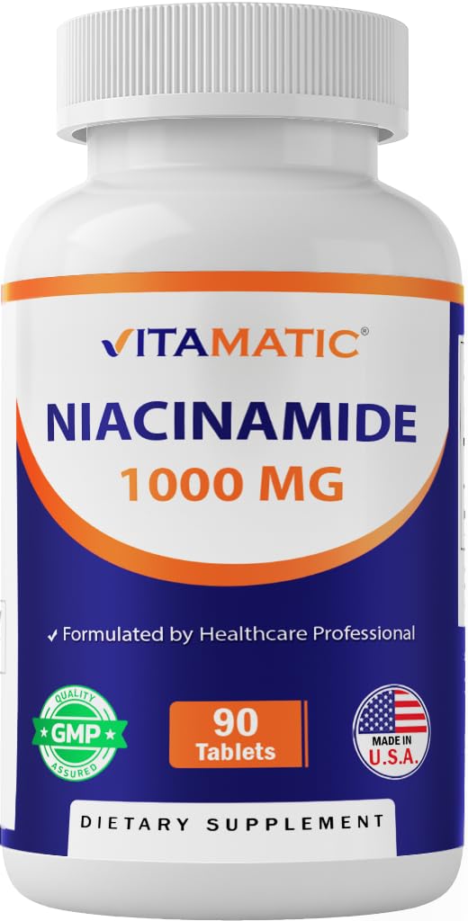 Vitamatic Niacinamide 1000 mg 90 Tablets - Flush Free Vitamin B3 - Supports Energy Production 90 Count (Pack of 1)